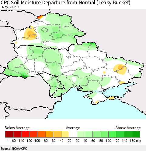 Ukraine, Moldova and Belarus CPC Soil Moisture Departure from Normal (Leaky Bucket) Thematic Map For 5/16/2021 - 5/20/2021