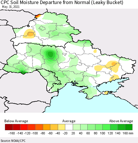 Ukraine, Moldova and Belarus CPC Calculated Soil Moisture Anomaly (Leaky Bucket) Thematic Map For 5/26/2021 - 5/31/2021