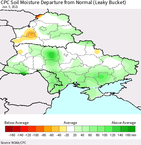 Ukraine, Moldova and Belarus CPC Soil Moisture Departure from Normal (Leaky Bucket) Thematic Map For 6/1/2021 - 6/5/2021