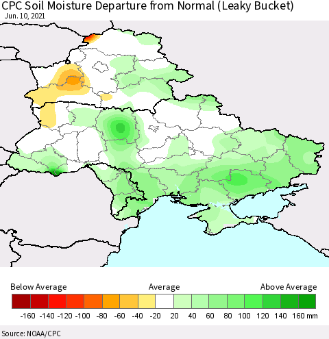 Ukraine, Moldova and Belarus CPC Calculated Soil Moisture Anomaly (Leaky Bucket) Thematic Map For 6/6/2021 - 6/10/2021