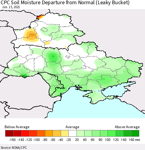 Ukraine, Moldova and Belarus CPC Soil Moisture Anomaly (Leaky Bucket) Thematic Map For 6/11/2021 - 6/15/2021