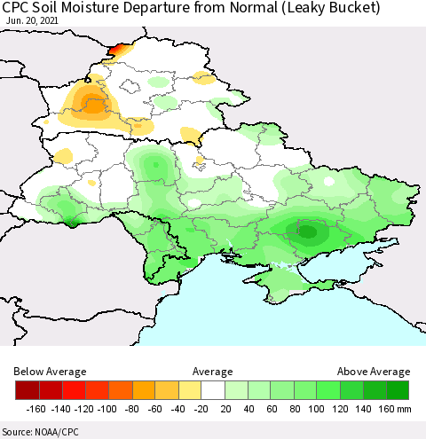 Ukraine, Moldova and Belarus CPC Soil Moisture Anomaly (Leaky Bucket) Thematic Map For 6/16/2021 - 6/20/2021