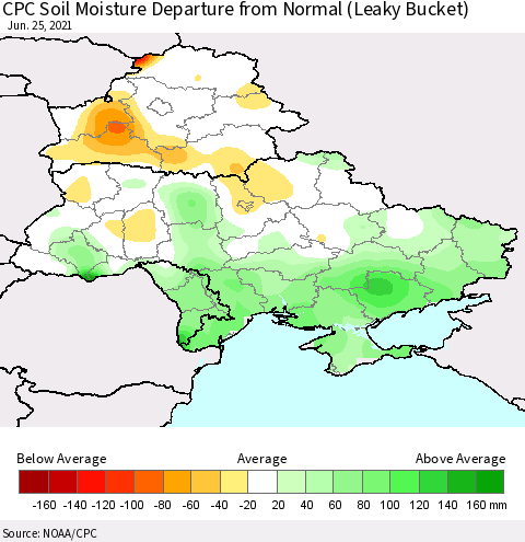Ukraine, Moldova and Belarus CPC Soil Moisture Departure from Normal (Leaky Bucket) Thematic Map For 6/21/2021 - 6/25/2021