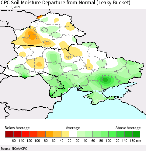 Ukraine, Moldova and Belarus CPC Calculated Soil Moisture Anomaly (Leaky Bucket) Thematic Map For 6/26/2021 - 6/30/2021