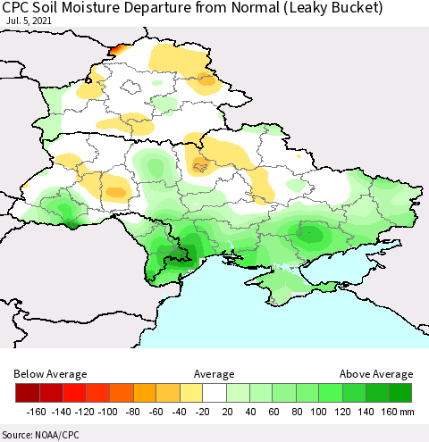 Ukraine, Moldova and Belarus CPC Soil Moisture Departure from Normal (Leaky Bucket) Thematic Map For 7/1/2021 - 7/5/2021