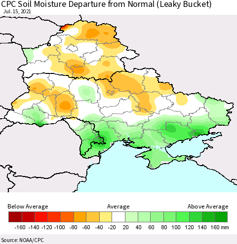 Ukraine, Moldova and Belarus CPC Soil Moisture Departure from Normal (Leaky Bucket) Thematic Map For 7/11/2021 - 7/15/2021