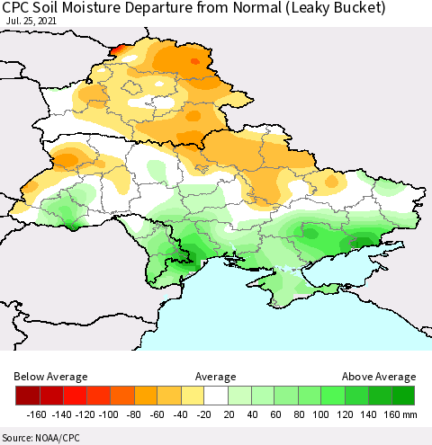 Ukraine, Moldova and Belarus CPC Soil Moisture Departure from Normal (Leaky Bucket) Thematic Map For 7/21/2021 - 7/25/2021