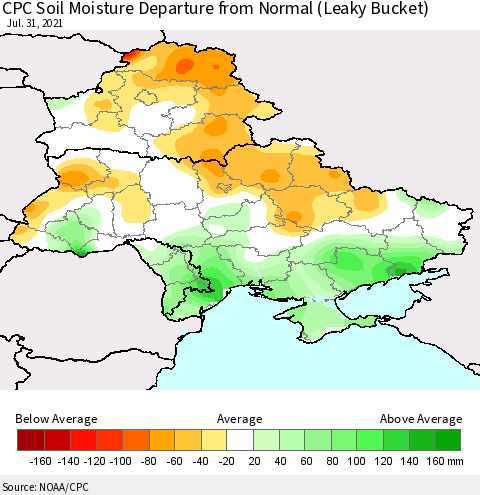 Ukraine, Moldova and Belarus CPC Soil Moisture Departure from Normal (Leaky Bucket) Thematic Map For 7/26/2021 - 7/31/2021