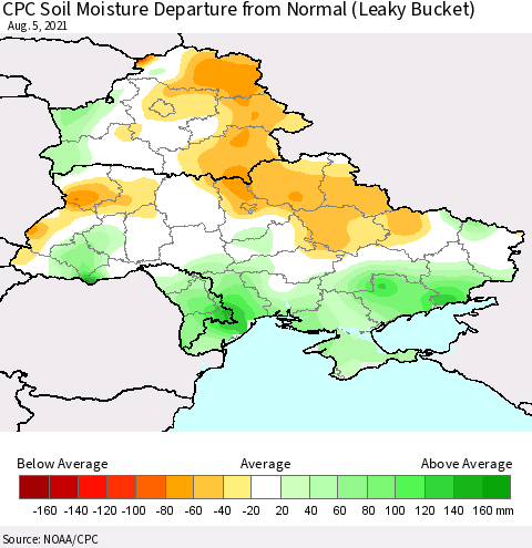 Ukraine, Moldova and Belarus CPC Calculated Soil Moisture Anomaly (Leaky Bucket) Thematic Map For 8/1/2021 - 8/5/2021