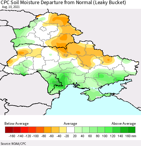 Ukraine, Moldova and Belarus CPC Calculated Soil Moisture Anomaly (Leaky Bucket) Thematic Map For 8/6/2021 - 8/10/2021