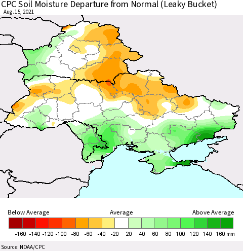 Ukraine, Moldova and Belarus CPC Calculated Soil Moisture Anomaly (Leaky Bucket) Thematic Map For 8/11/2021 - 8/15/2021