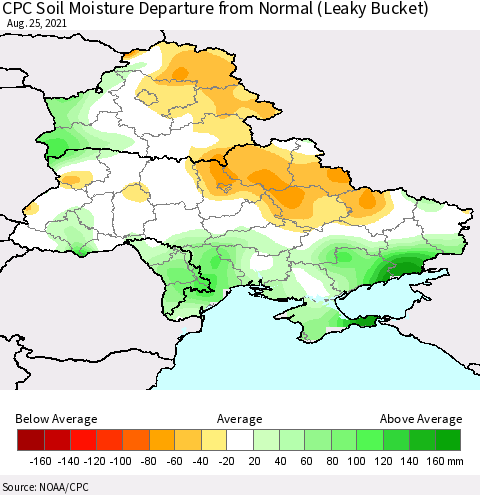 Ukraine, Moldova and Belarus CPC Soil Moisture Departure from Normal (Leaky Bucket) Thematic Map For 8/21/2021 - 8/25/2021