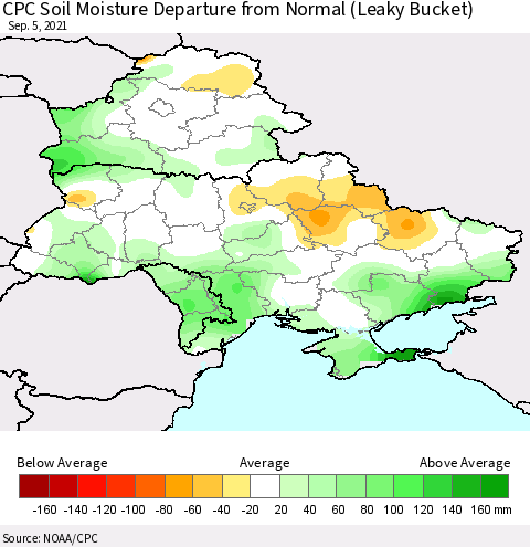 Ukraine, Moldova and Belarus CPC Soil Moisture Departure from Normal (Leaky Bucket) Thematic Map For 9/1/2021 - 9/5/2021