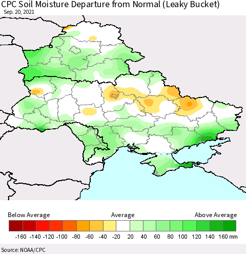 Ukraine, Moldova and Belarus CPC Soil Moisture Departure from Normal (Leaky Bucket) Thematic Map For 9/16/2021 - 9/20/2021