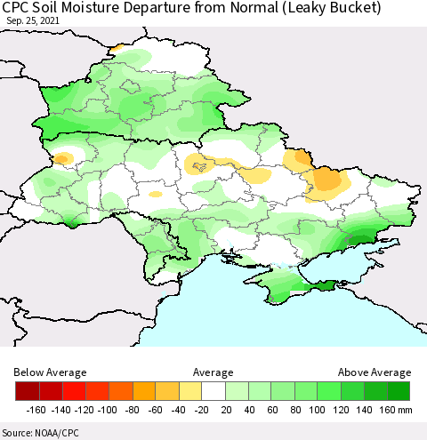 Ukraine, Moldova and Belarus CPC Soil Moisture Departure from Normal (Leaky Bucket) Thematic Map For 9/21/2021 - 9/25/2021