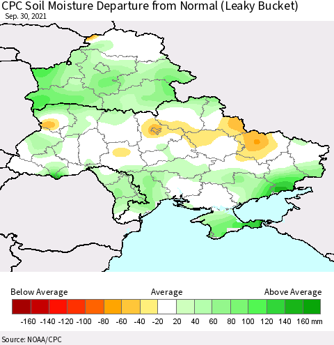 Ukraine, Moldova and Belarus CPC Soil Moisture Departure from Normal (Leaky Bucket) Thematic Map For 9/26/2021 - 9/30/2021