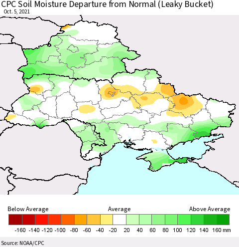 Ukraine, Moldova and Belarus CPC Soil Moisture Departure from Normal (Leaky Bucket) Thematic Map For 10/1/2021 - 10/5/2021