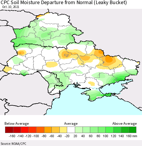 Ukraine, Moldova and Belarus CPC Soil Moisture Departure from Normal (Leaky Bucket) Thematic Map For 10/6/2021 - 10/10/2021