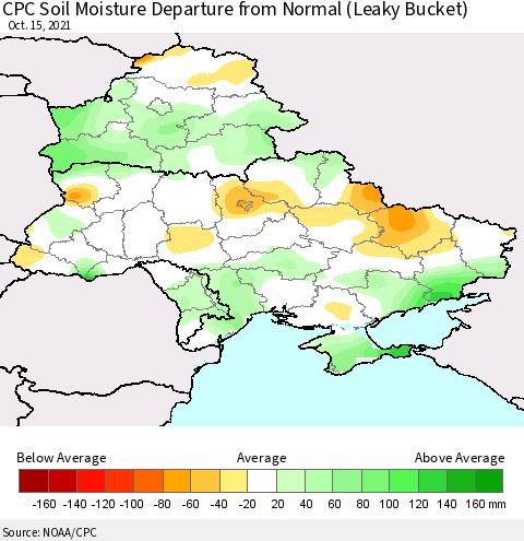 Ukraine, Moldova and Belarus CPC Calculated Soil Moisture Anomaly (Leaky Bucket) Thematic Map For 10/11/2021 - 10/15/2021