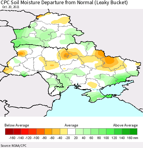 Ukraine, Moldova and Belarus CPC Soil Moisture Departure from Normal (Leaky Bucket) Thematic Map For 10/16/2021 - 10/20/2021