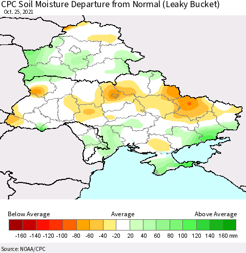 Ukraine, Moldova and Belarus CPC Calculated Soil Moisture Anomaly (Leaky Bucket) Thematic Map For 10/21/2021 - 10/25/2021