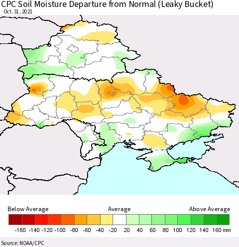 Ukraine, Moldova and Belarus CPC Calculated Soil Moisture Anomaly (Leaky Bucket) Thematic Map For 10/26/2021 - 10/31/2021