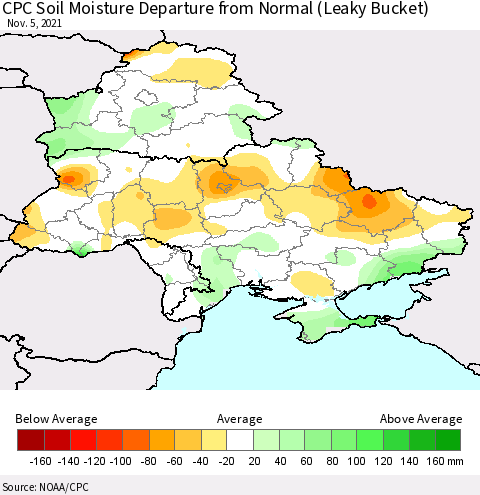 Ukraine, Moldova and Belarus CPC Calculated Soil Moisture Anomaly (Leaky Bucket) Thematic Map For 11/1/2021 - 11/5/2021