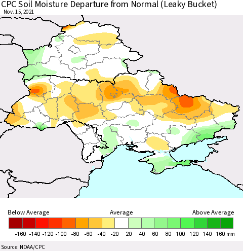 Ukraine, Moldova and Belarus CPC Calculated Soil Moisture Anomaly (Leaky Bucket) Thematic Map For 11/11/2021 - 11/15/2021