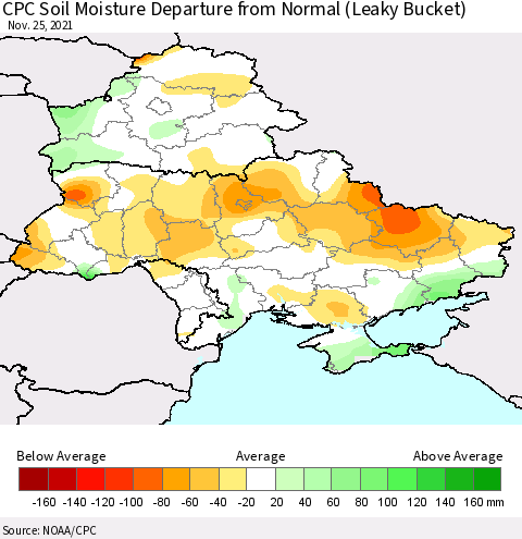 Ukraine, Moldova and Belarus CPC Calculated Soil Moisture Anomaly (Leaky Bucket) Thematic Map For 11/21/2021 - 11/25/2021