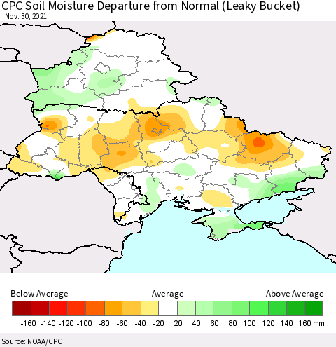 Ukraine, Moldova and Belarus CPC Soil Moisture Anomaly (Leaky Bucket) Thematic Map For 11/26/2021 - 11/30/2021