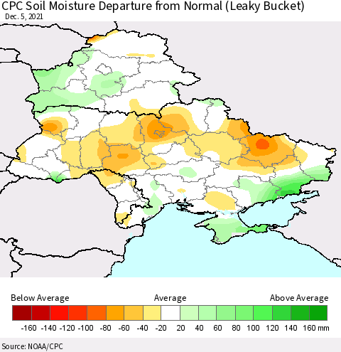 Ukraine, Moldova and Belarus CPC Soil Moisture Departure from Normal (Leaky Bucket) Thematic Map For 12/1/2021 - 12/5/2021