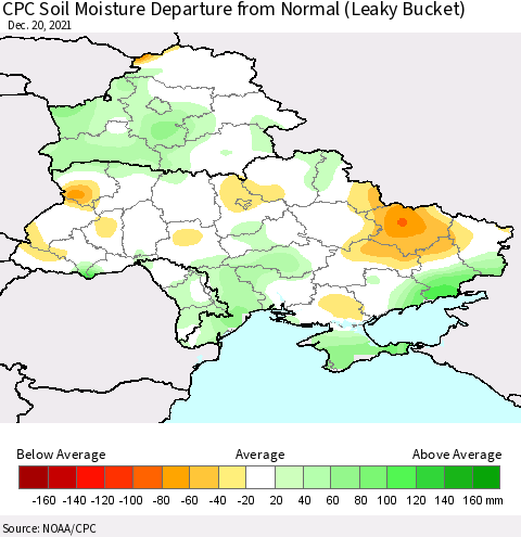 Ukraine, Moldova and Belarus CPC Calculated Soil Moisture Anomaly (Leaky Bucket) Thematic Map For 12/16/2021 - 12/20/2021