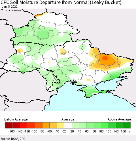 Ukraine, Moldova and Belarus CPC Calculated Soil Moisture Anomaly (Leaky Bucket) Thematic Map For 1/1/2022 - 1/5/2022