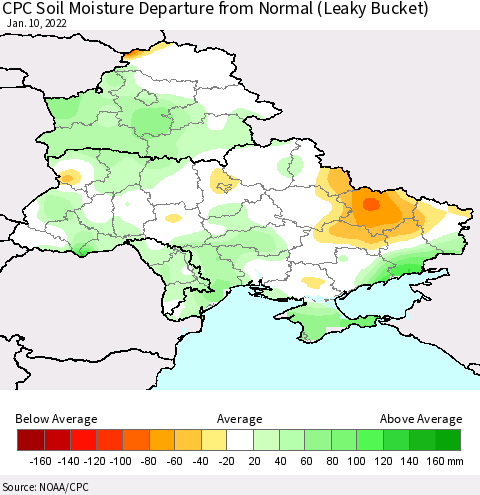 Ukraine, Moldova and Belarus CPC Soil Moisture Anomaly (Leaky Bucket) Thematic Map For 1/6/2022 - 1/10/2022