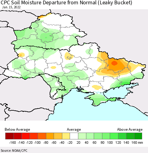 Ukraine, Moldova and Belarus CPC Soil Moisture Anomaly (Leaky Bucket) Thematic Map For 1/11/2022 - 1/15/2022