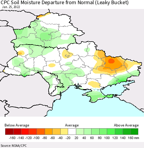 Ukraine, Moldova and Belarus CPC Calculated Soil Moisture Anomaly (Leaky Bucket) Thematic Map For 1/21/2022 - 1/25/2022