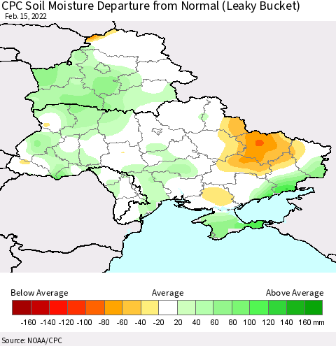 Ukraine, Moldova and Belarus CPC Calculated Soil Moisture Anomaly (Leaky Bucket) Thematic Map For 2/11/2022 - 2/15/2022