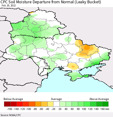 Ukraine, Moldova and Belarus CPC Calculated Soil Moisture Anomaly (Leaky Bucket) Thematic Map For 2/16/2022 - 2/20/2022