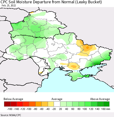 Ukraine, Moldova and Belarus CPC Calculated Soil Moisture Anomaly (Leaky Bucket) Thematic Map For 2/21/2022 - 2/25/2022