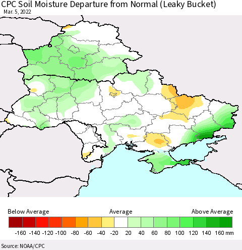 Ukraine, Moldova and Belarus CPC Calculated Soil Moisture Anomaly (Leaky Bucket) Thematic Map For 3/1/2022 - 3/5/2022
