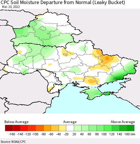 Ukraine, Moldova and Belarus CPC Calculated Soil Moisture Anomaly (Leaky Bucket) Thematic Map For 3/6/2022 - 3/10/2022