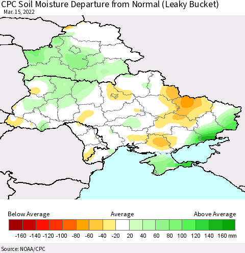 Ukraine, Moldova and Belarus CPC Calculated Soil Moisture Anomaly (Leaky Bucket) Thematic Map For 3/11/2022 - 3/15/2022