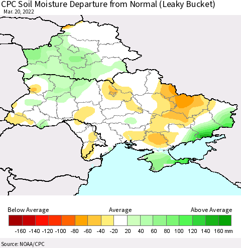 Ukraine, Moldova and Belarus CPC Calculated Soil Moisture Anomaly (Leaky Bucket) Thematic Map For 3/16/2022 - 3/20/2022