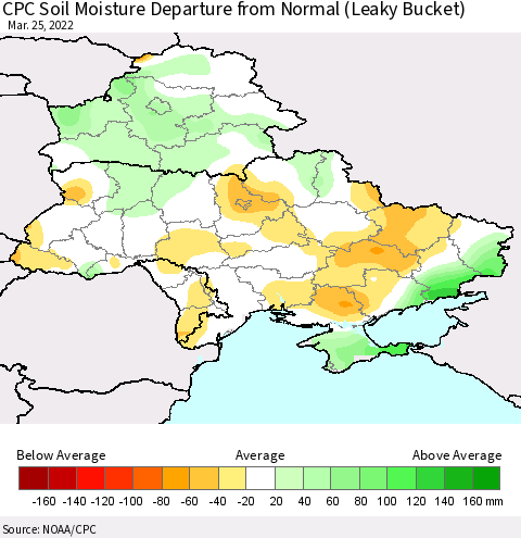 Ukraine, Moldova and Belarus CPC Soil Moisture Departure from Normal (Leaky Bucket) Thematic Map For 3/21/2022 - 3/25/2022