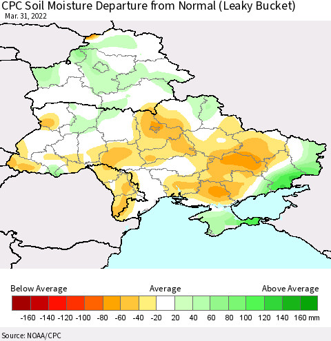 Ukraine, Moldova and Belarus CPC Calculated Soil Moisture Anomaly (Leaky Bucket) Thematic Map For 3/26/2022 - 3/31/2022