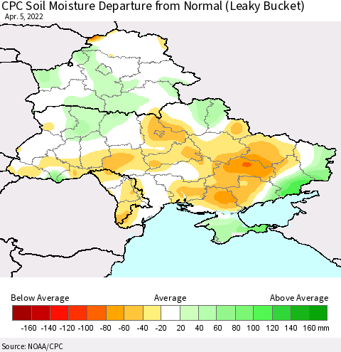 Ukraine, Moldova and Belarus CPC Soil Moisture Anomaly (Leaky Bucket) Thematic Map For 4/1/2022 - 4/5/2022