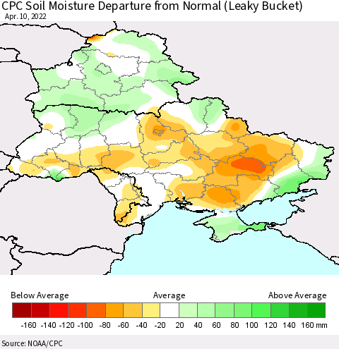 Ukraine, Moldova and Belarus CPC Calculated Soil Moisture Anomaly (Leaky Bucket) Thematic Map For 4/6/2022 - 4/10/2022