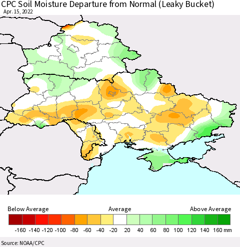 Ukraine, Moldova and Belarus CPC Soil Moisture Anomaly (Leaky Bucket) Thematic Map For 4/11/2022 - 4/15/2022