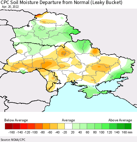 Ukraine, Moldova and Belarus CPC Calculated Soil Moisture Anomaly (Leaky Bucket) Thematic Map For 4/16/2022 - 4/20/2022