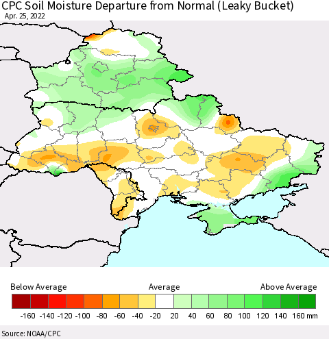 Ukraine, Moldova and Belarus CPC Soil Moisture Departure from Normal (Leaky Bucket) Thematic Map For 4/21/2022 - 4/25/2022
